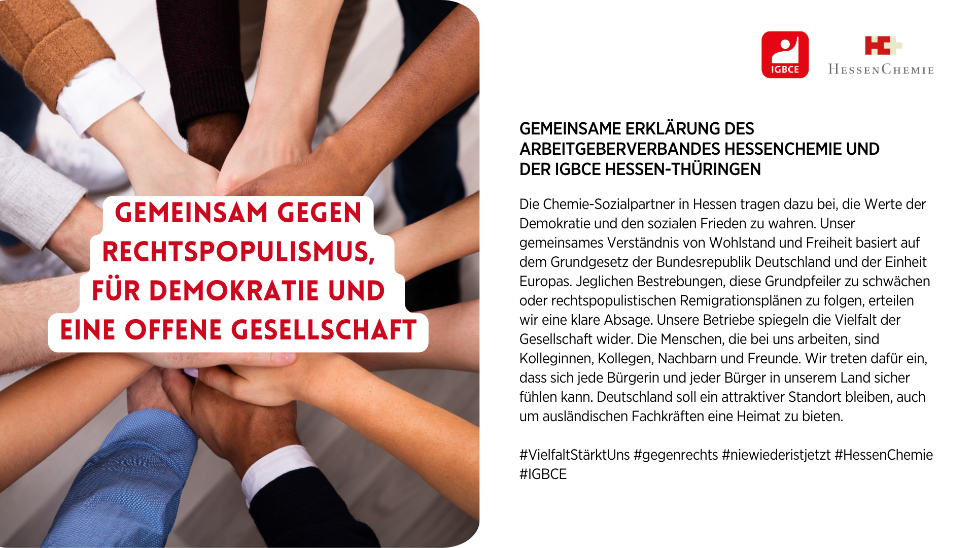 Gemeinsame Position gegen Rechts – Arbeitgeberverband HessenChemie und IGBCE Hessen-Thüringen setzen ein Zeichen für Vielfalt und Respekt