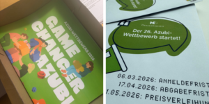 Auf der linken Seite das Plakat für den Azubi-Wettbewerb; auf der rechten Seite Briefumschläge für die Aussendung der Einladung